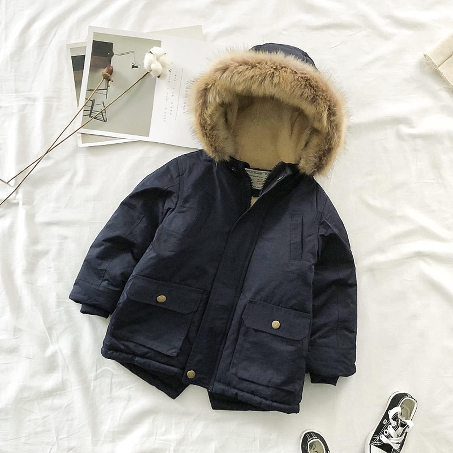 EISHOW Baby Boys' Winter Jackets Down Coats Toddler Faux Fur Hooded Overcoat Dress Warm Cotton Lined Thick Trench Outerwear