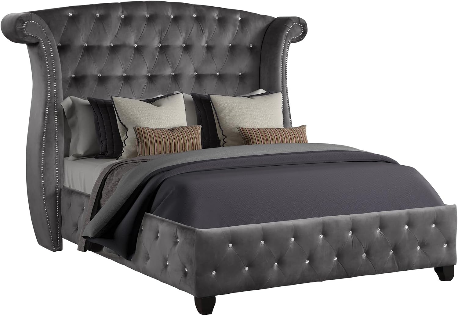 Luxury Bedroom Furniture Set - Modern Elegance with Crystal Tufted Detail, Spacious Storage, Ball Bearing Glides, and Dovetail Drawer Joints (Grey,Queen Bed)