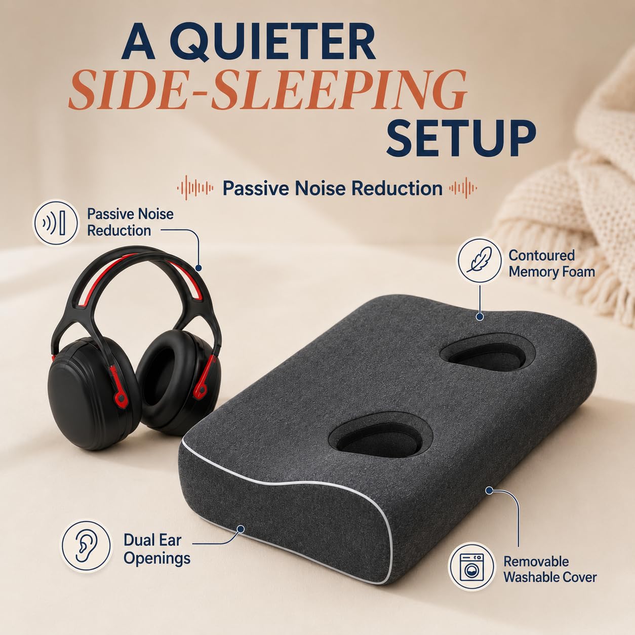 Arrowzoom Oreiller à Mémoire de Forme avec 2 Ouvertures pour Les Oreilles et Casque Antibruit Passif, pour Dormir sur Le Côté, Gris Foncé, 54 x 38 cm