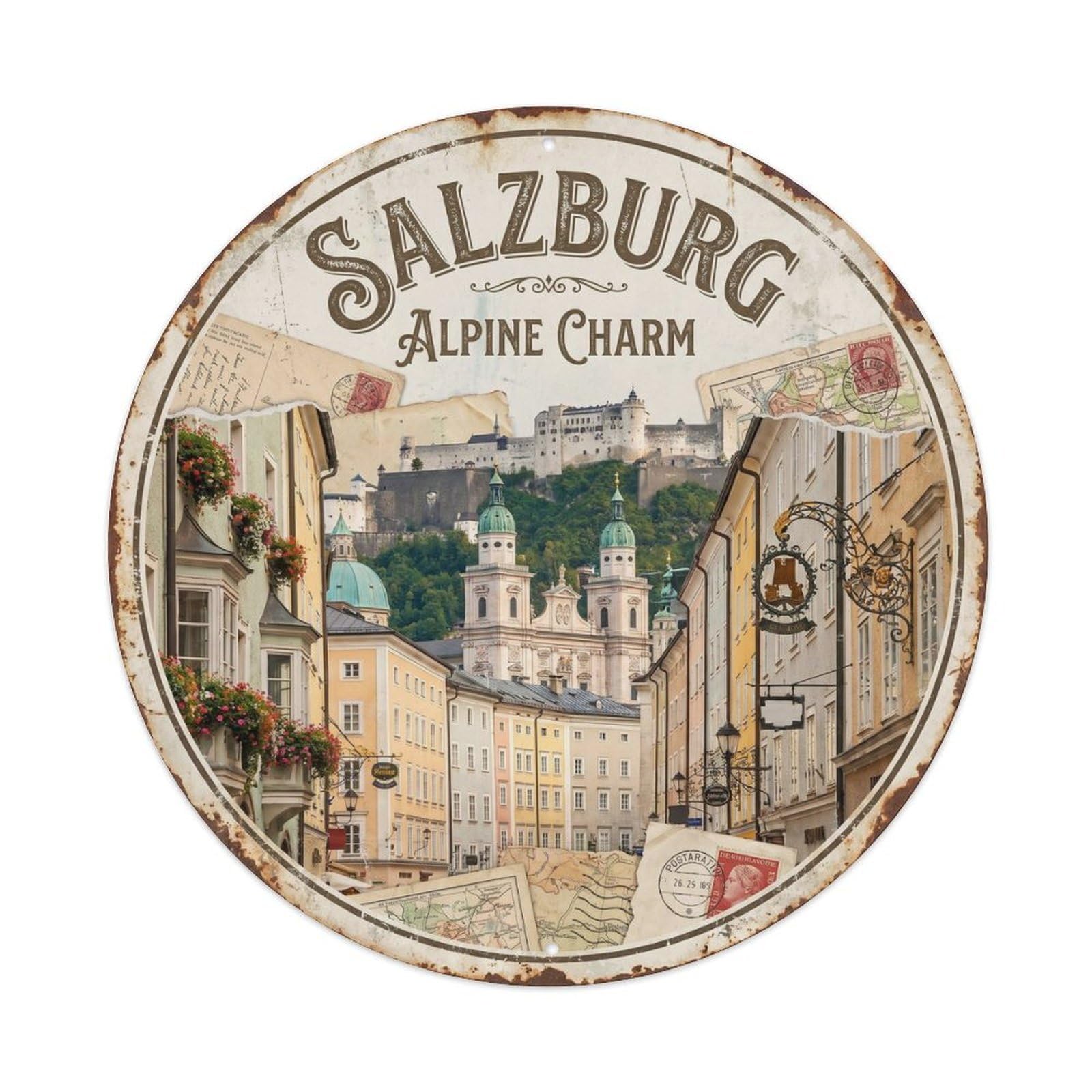 Vintage Travel Salzburg Oldtown Austria Metal Tin Sign Plaque Wall Decor for Cafe, Club, Garden Round Metal Poster 8x8Inch