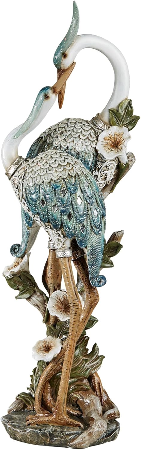 Teal Devoted Cranes Resin Table Sculpture - Coastal Shorebirds Statue with Glitter Accents & Flowers Base, 16" High Romantic Decor