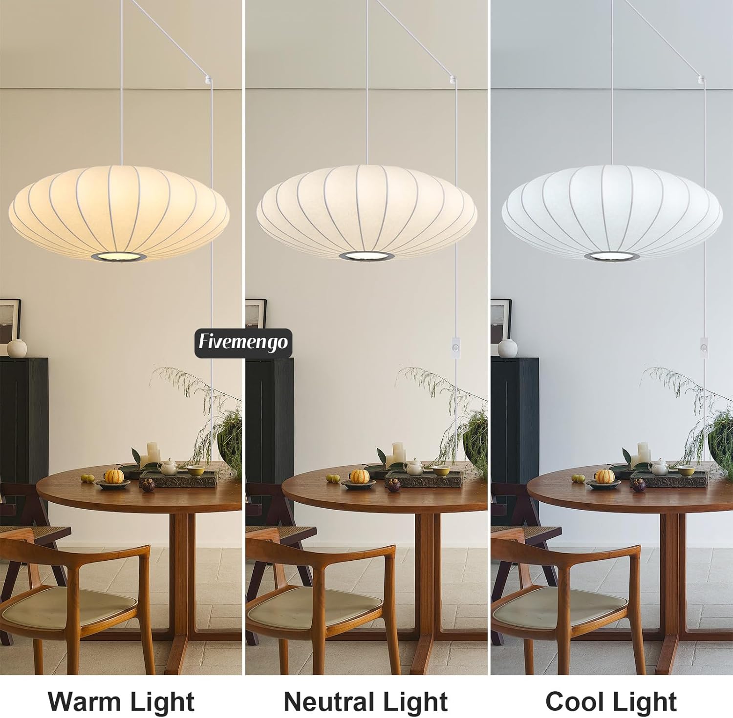 23.6in Plug in Lantern Pendant Light, Large White Imitation Silk Pendant Light Wabi Sabi Saucer Japanese Bubble Hanging Lamp Chandelier for Living Dinning Room Kitchen Island Bedroom 1 Pack