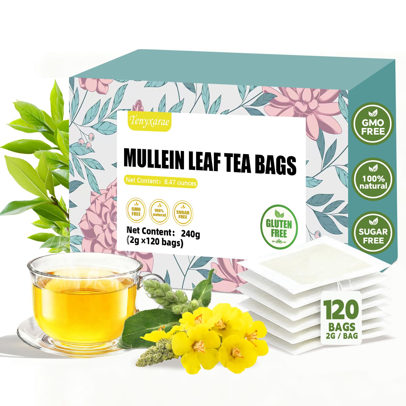 Mullein Leaf Tea Bags, 120 Teabags, 2g/Bag, Made with 100% Natural Mullein Leaves. Helps with Lung Detox | Caffeine-Free | Sugar-Free | Gluten-Free | Vegan. Eco-Friendly Tea Bags