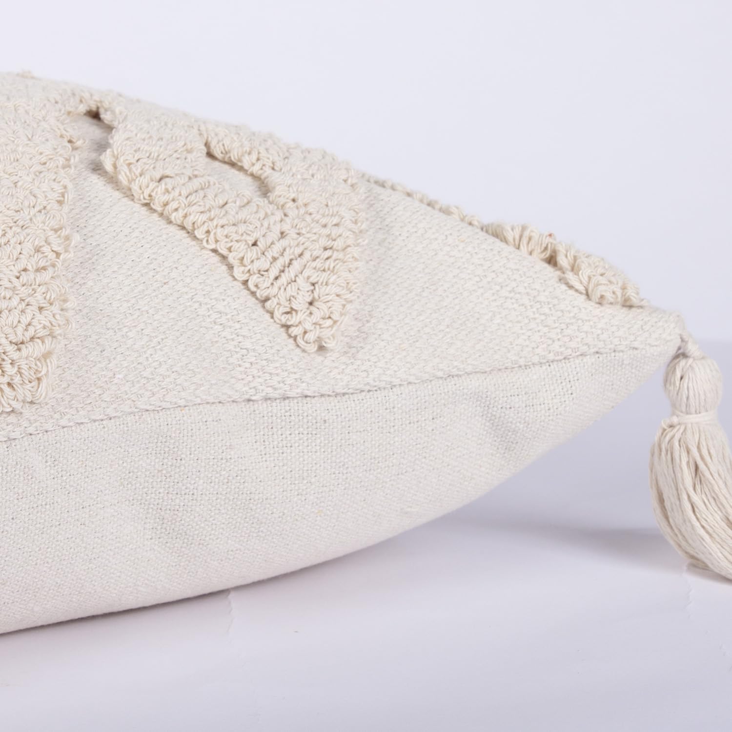 Boho Tufted Lumbar Throw Pillow Cover 12x 20, Modern Simple Diamond Farmhouse Neutral Linen Pillow Cushion Cases with Tassels, Cream Decorative Pillows for Bed, Outdoor Couch Bedroom Car