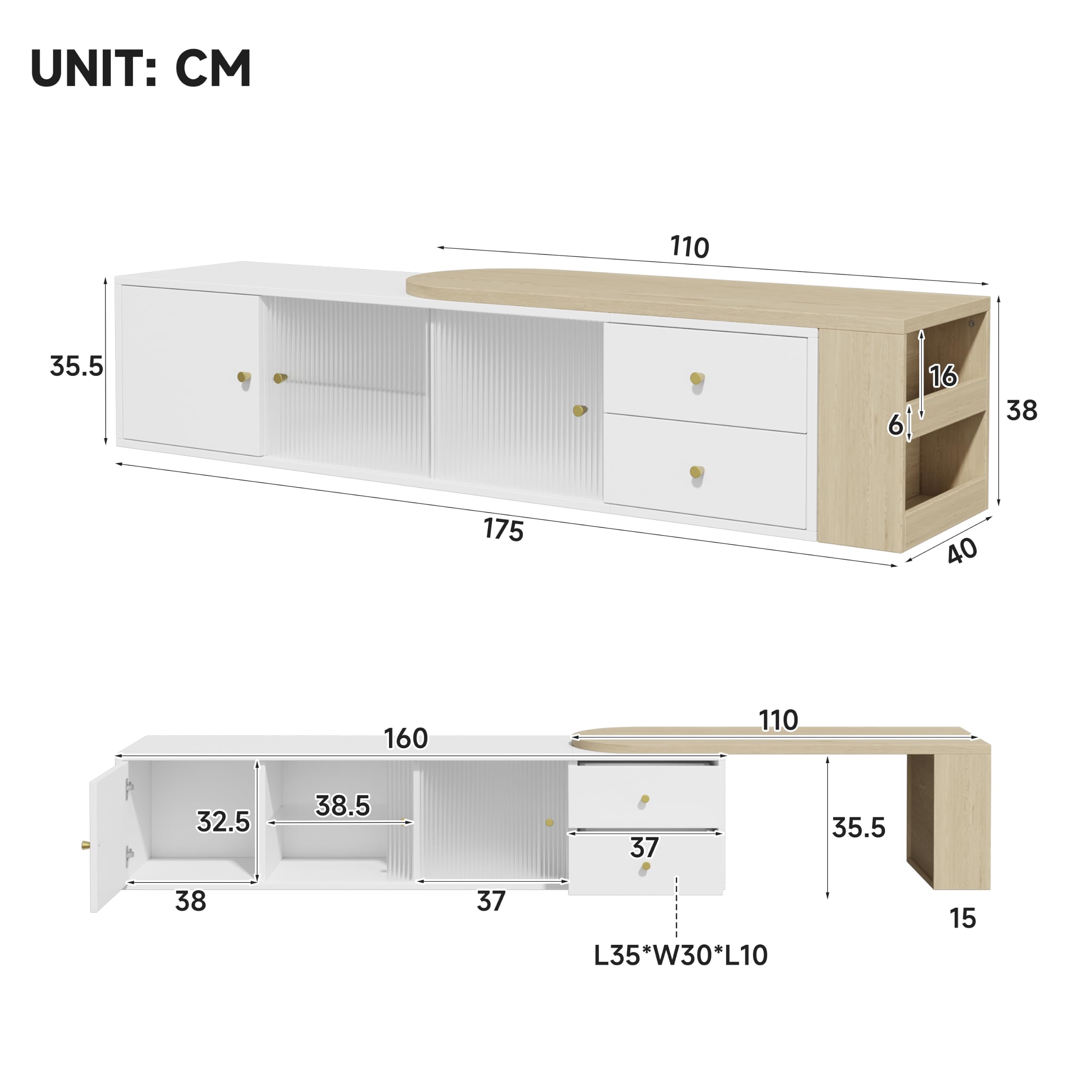 Mobile TV estensibile, 175 cm, con LED e vano portaoggetti, mobile basso per TV