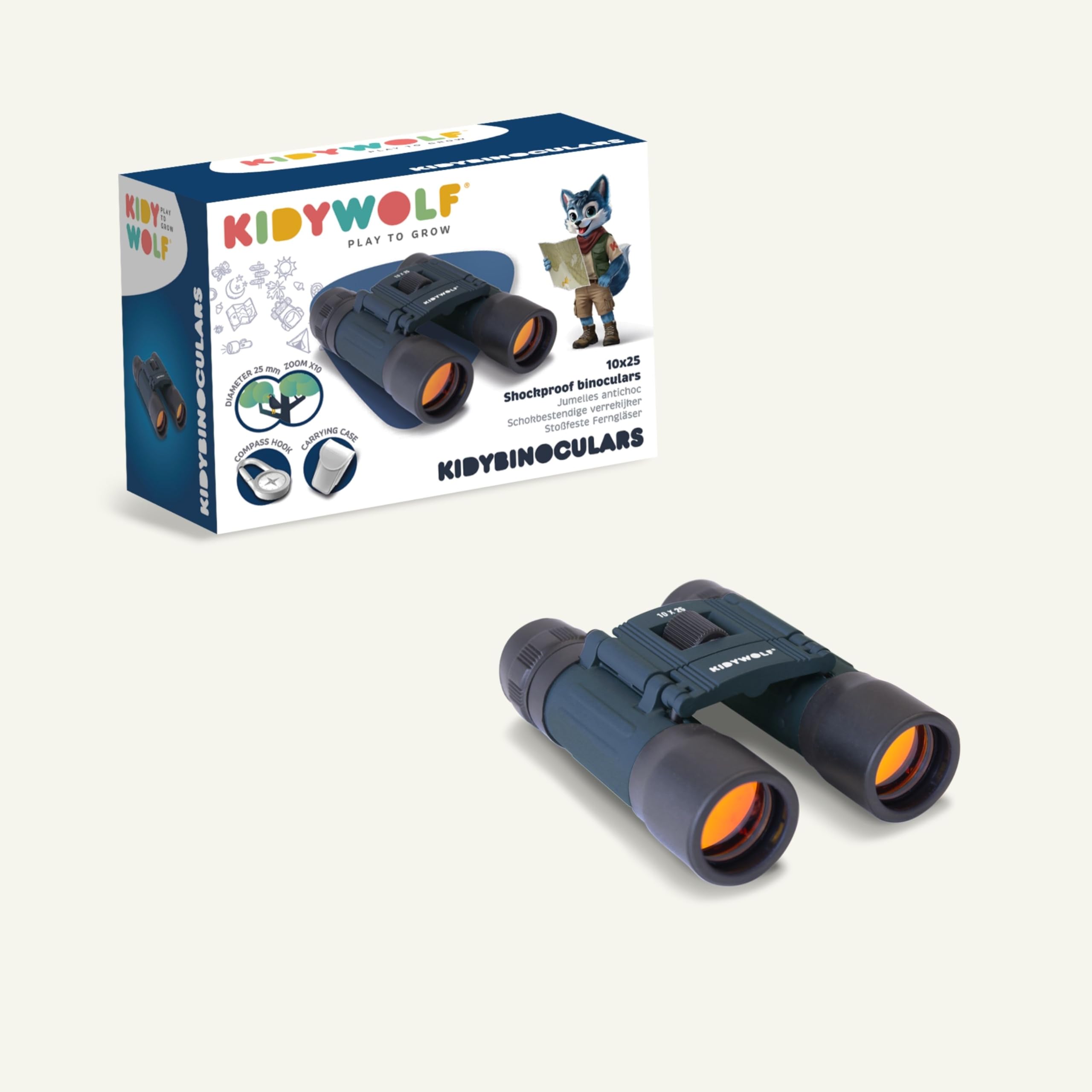 KIDYWOLF - KIDYBINOCULAR Bleu - Jumelles Enfant Compactes x10 - Kit Explorateur avec Boussole et Étui - Jeu d'Observation Nature dès 5 Ans
