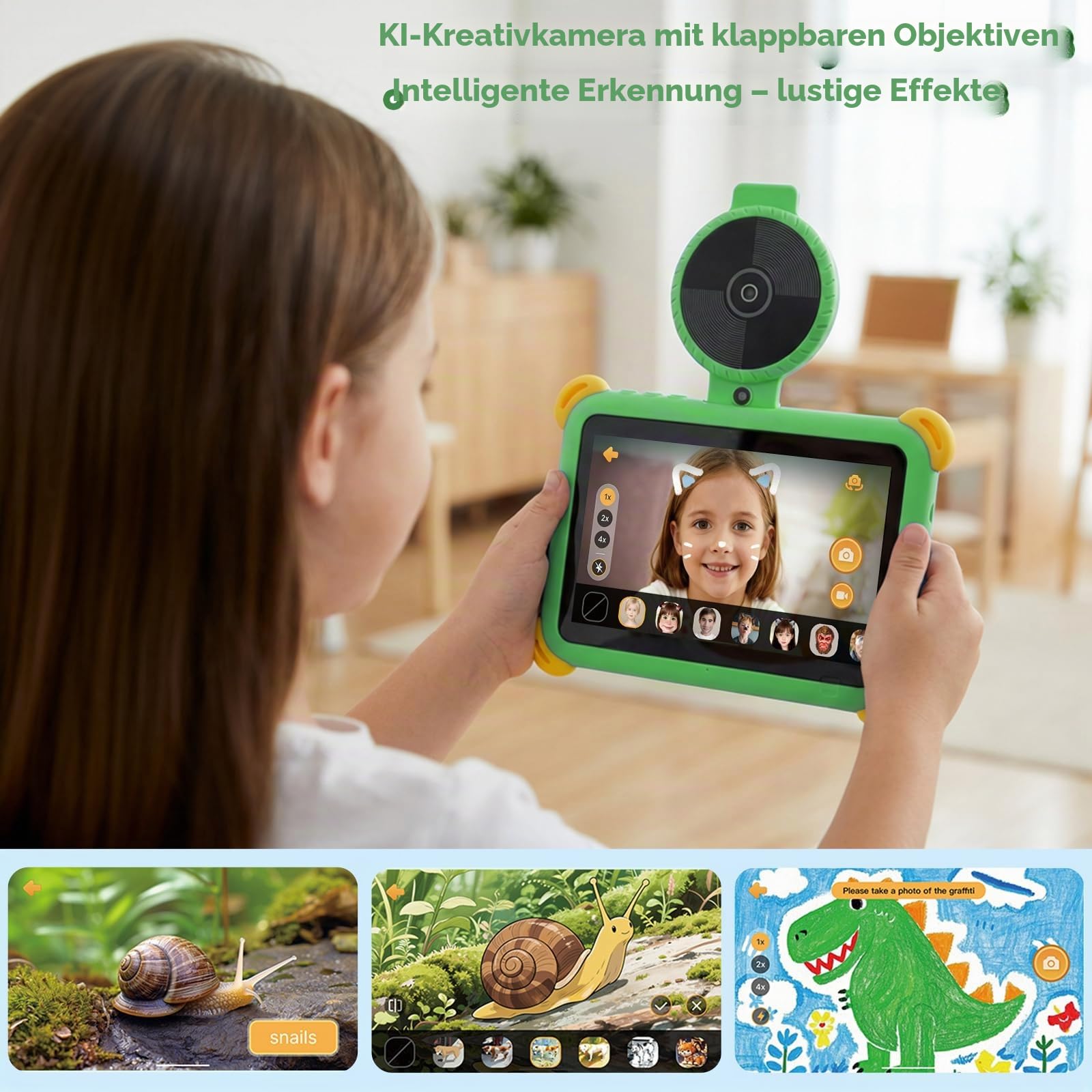 Kinder Tablet 7 Zoll Android 15, 20GB RAM 64GB ROM (1TB Erweiterbar), Penta-Core, WiFi 6, BT5.4, Widevine L1, KI Kamera&Lernfunktionen, Elternkontrolle, Kids Tablet mit Eva Hülle & OTG, Grün