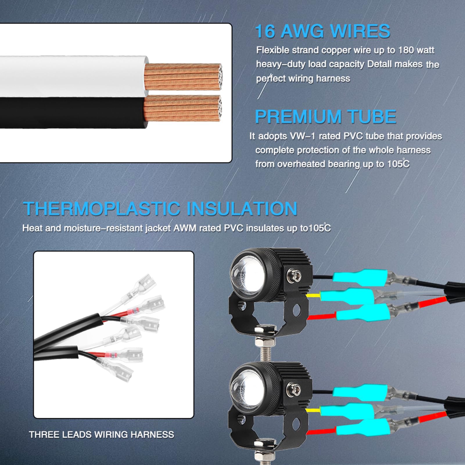 HUIOP Kit Cablaggio per Motocicletta,Kit Cablaggio Barra Luminosa a LED, 180W 3 Cavi 16 AWG LED Cablaggio Moto con relè 12V 40A e Interruttore di Controllo per Passare da Una modalità all'altra