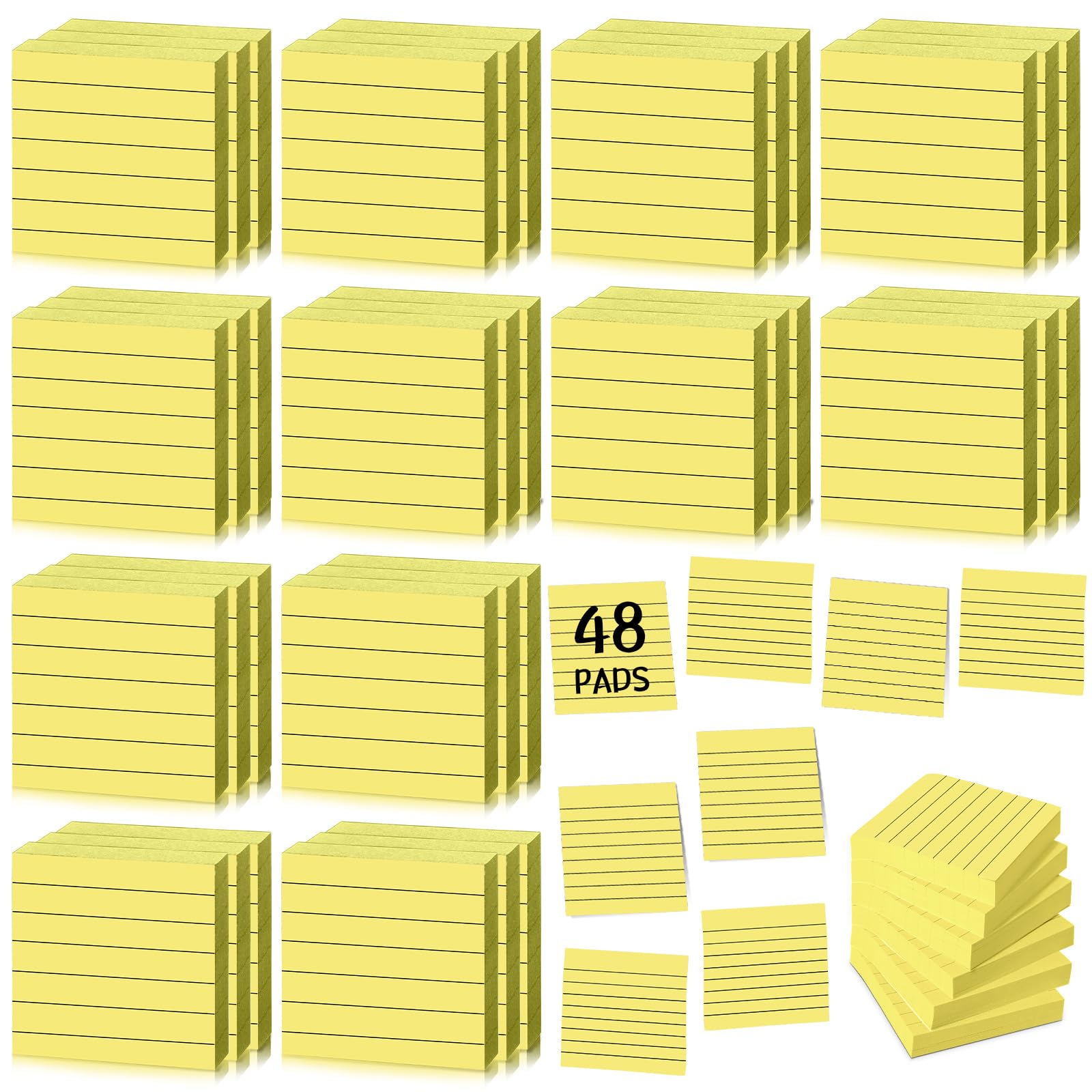 48 Pack Lined Sticky Notes 3 x 3 Inch 4800 Sheets (100/pad) Self-Stick Notes with Lines Adhesive Sticky Pads for Students Business Home Post Memo Office Supplies (Yellow)