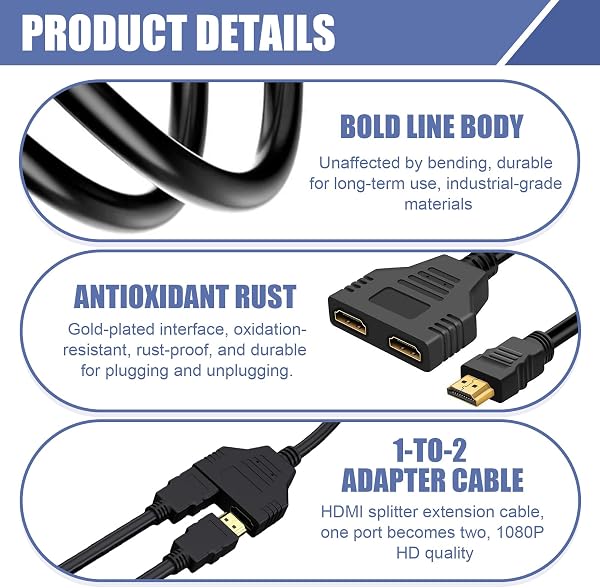 Adaptador Divisor HDMI 1 a 2, Divisor HDMI Macho a Doble Hembra 1080P, Cable Splitter para TV, Monitor, Proyector y Pantallas HD, Duplicador de Señal para Usar Pantallas con un Solo Puerto - 5