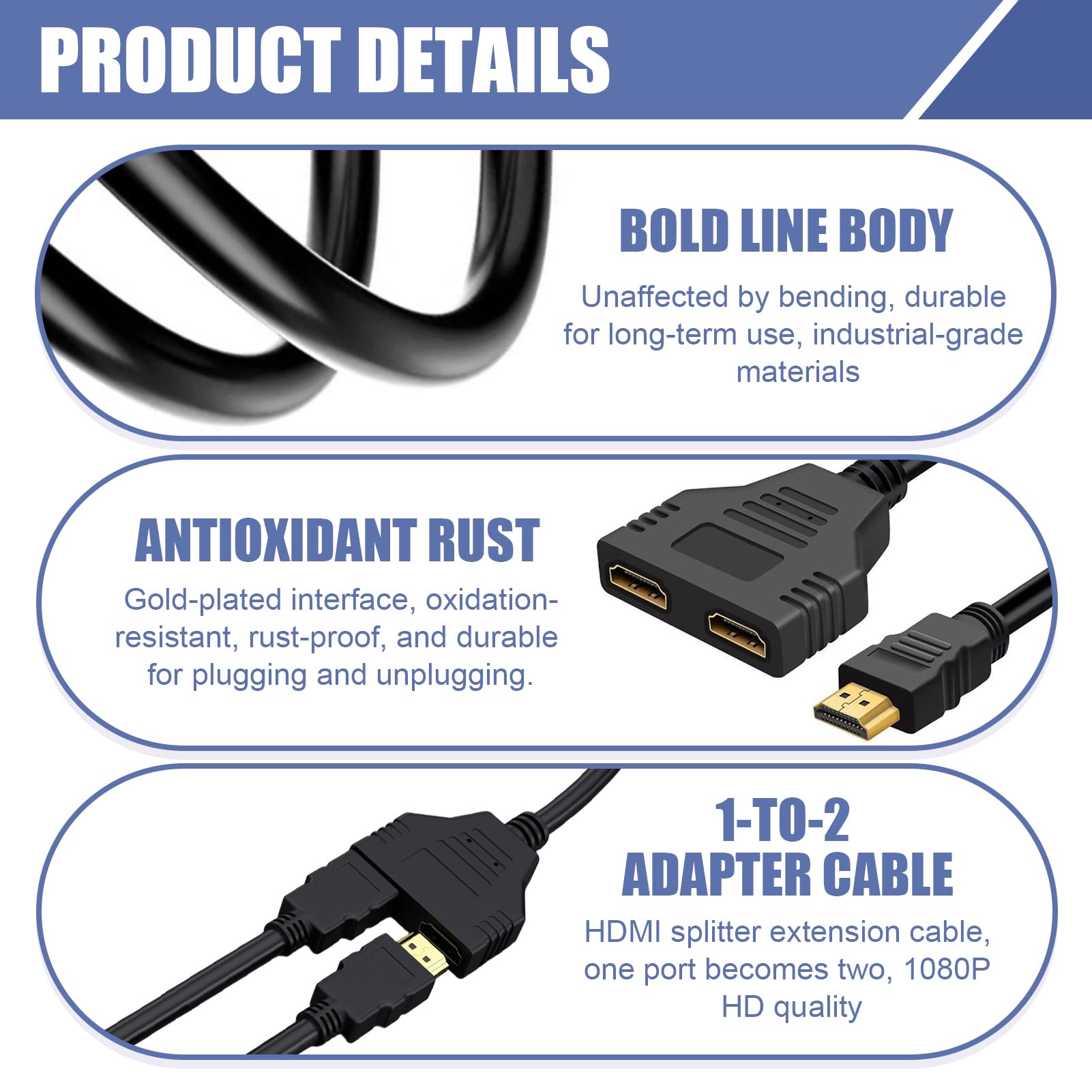 Adaptador Divisor HDMI 1 a 2, Divisor HDMI Macho a Doble Hembra 1080P, Cable Splitter para TV, Monitor, Proyector y Pantallas HD, Duplicador de Señal para Usar Pantallas con un Solo Puerto — view 5