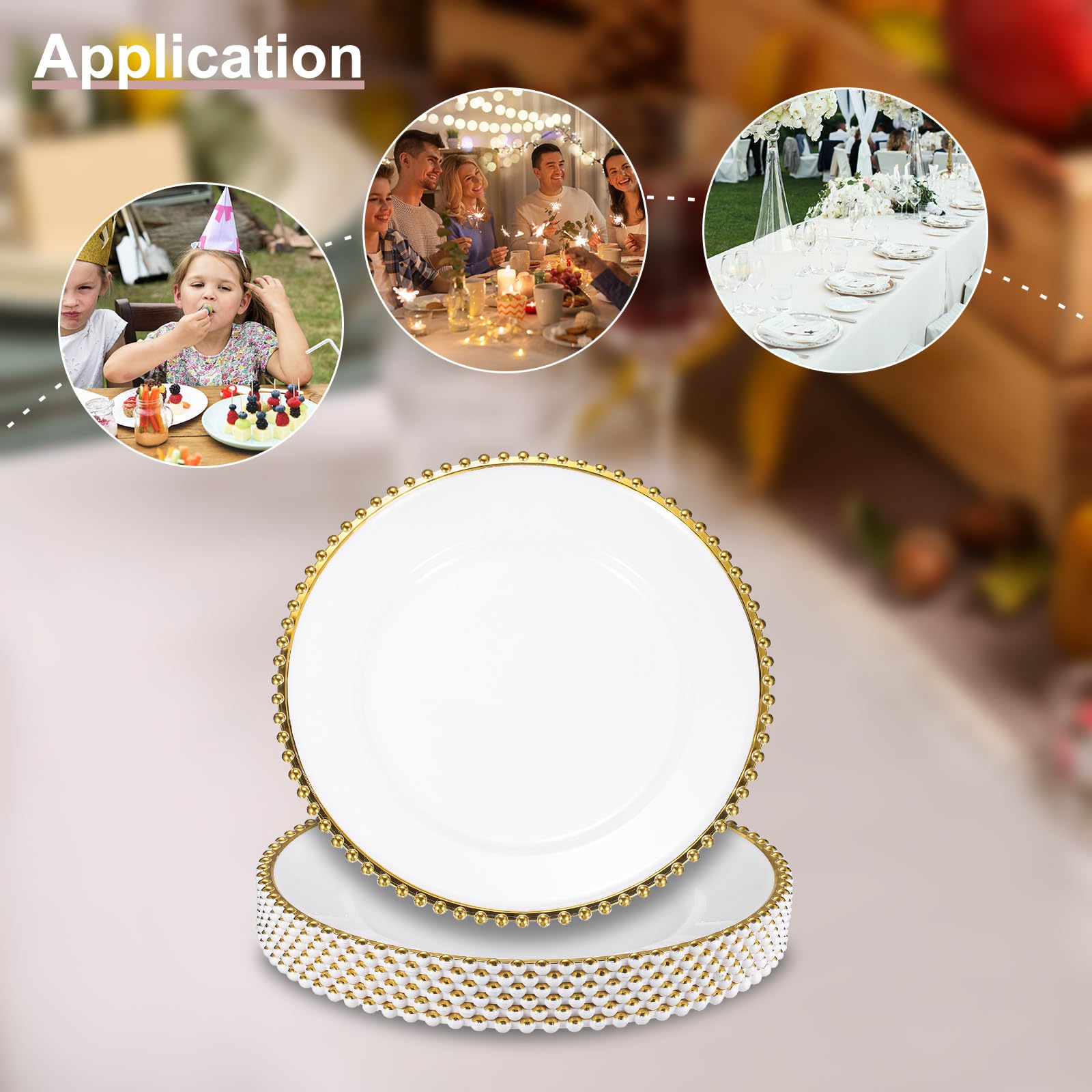 QUARKZMAN 6 klare Platzteller, 33 cm, runde Platzteller aus Kunststoff mit Perlenbesatz, Abendessen-/Dessertteller für Hochzeitsfeiern, Tischdekoration, Gold auf Weiß