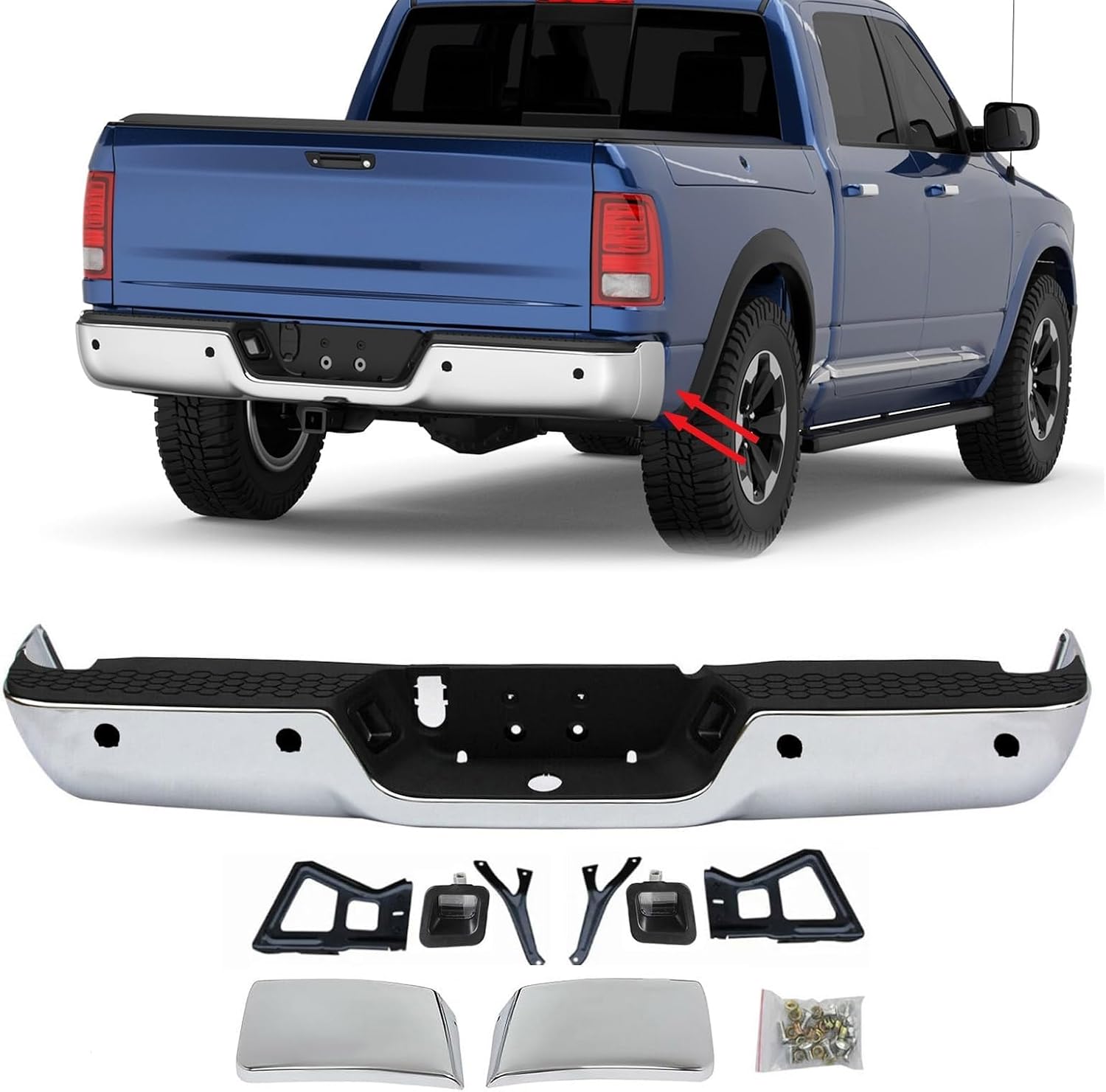 Generic Chrome Rear Step Bumper Assembly with Parking Sensors for 2009-2018 Dodge Ram 1500, 2019 Ram 1500 Classic, 2010-2012 Ram 2500 3500, CH1103122
