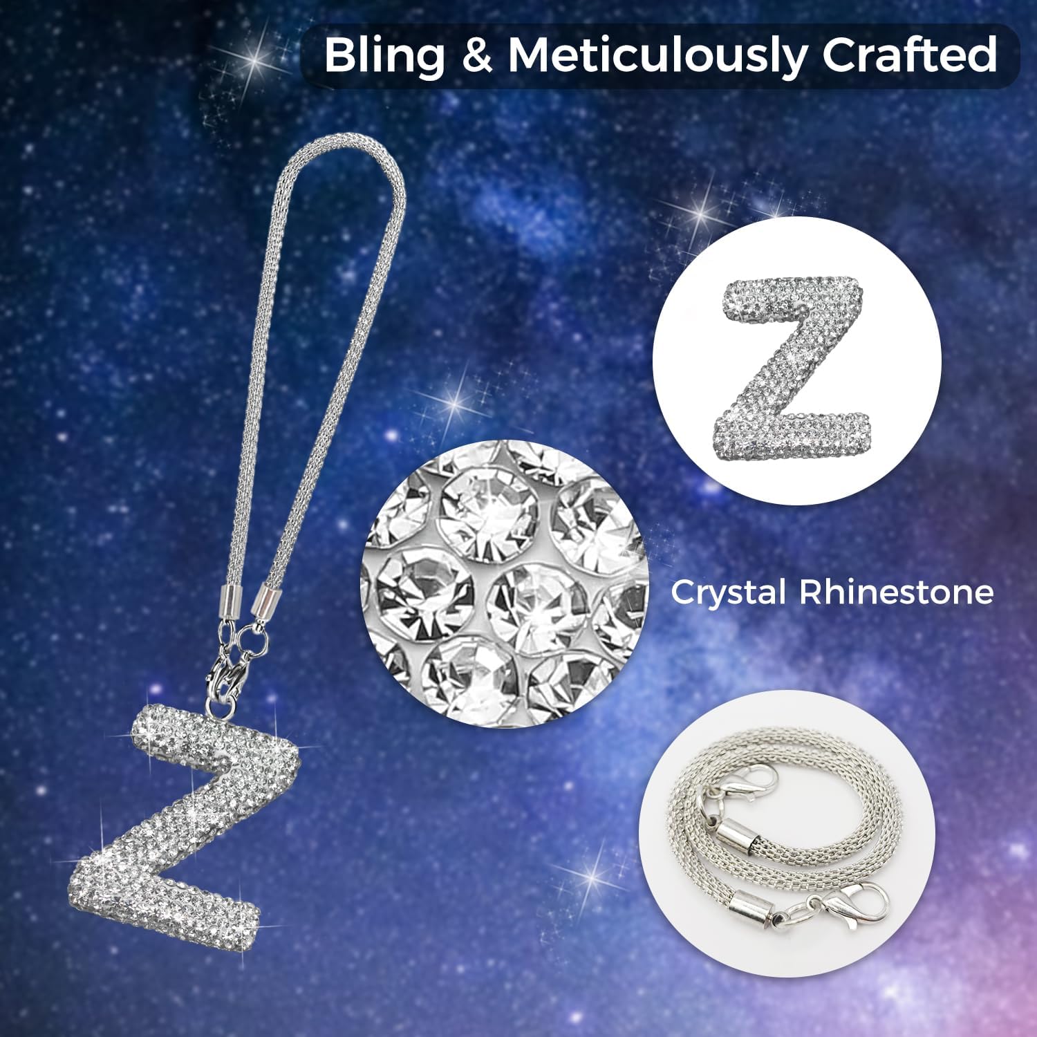 Bling Car Accessories for Women Letter Charm, Rear View Mirror Ornament Cute Hanging Crystal Pendant Girl Car Decorations, Lucky Diamond Rhinestone Girly Charm Interior (White Z) image 3