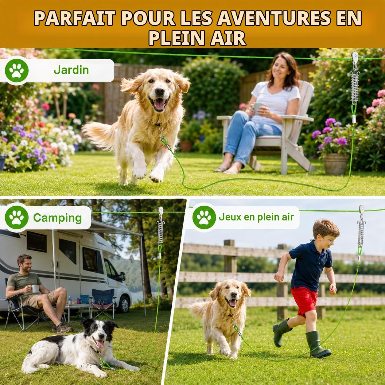 Câble d'attache robuste de 18,3 m - Système de chariot pour chiens de taille moyenne et camping - Grand câble de course pour chiens pesant jusqu'à 113,4 kg