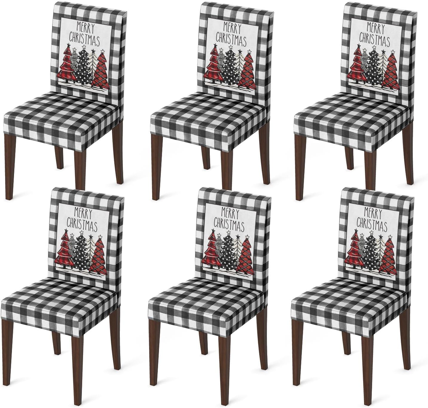 Horaldaily 6PCS Christmas Dining Chair Covers,Red Buffalo Plaid Trees Stretch Removable Washable Slipcover Chair Protector for Dining Room Home Decor