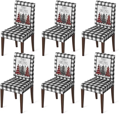 Horaldaily 4PCS Christmas Dining Chair Covers, Black Buffalo Plaid Trees Stretch Removable Washable Slipcover Chair Protector for Dining Room Home