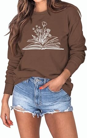 Cdiecer Book Reading Shirt Women Wildflowers Book Sweatshirts Reading Book Gift Top Long Sleeve Teacher Sweater Tops