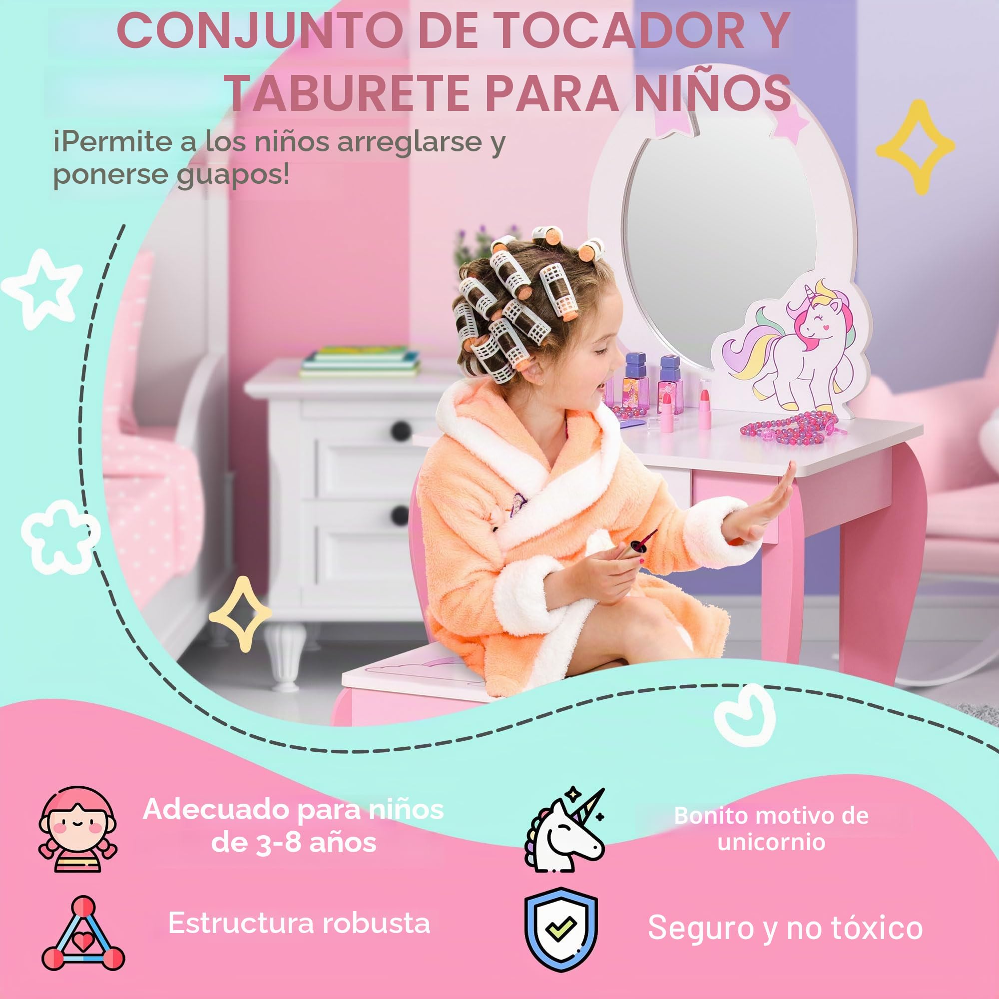 HOMCOM - Tocador infantil con diseño de unicornio, taburete incluido. 49 x 34 x 90 cm – cajón, espejo – MDF – rosa blanco