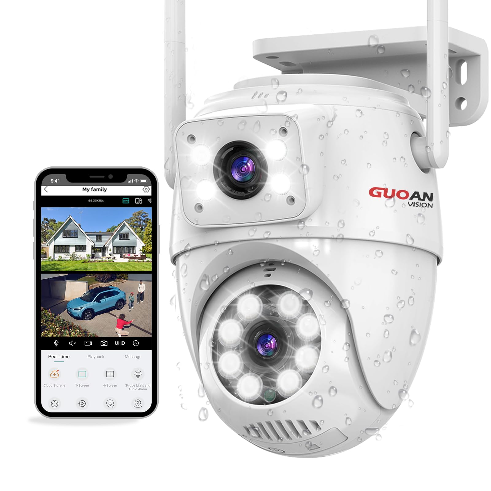 GUOANVISION Dual Lens Security Cameras Outdoor, PTZ WiFi Wireless Outside Camera Wired with 3M Cord for Home, 24/7 Recording, AI Human Tracking, Full Color Night, SD/Cloud