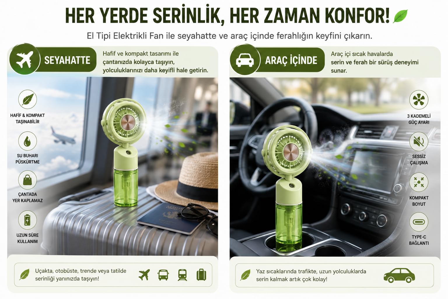 Mini El Tipi Fan Su Buharlı Serinletici Fan, USB Type-C Şarjlı, 3 Kademeli Hız Ayarlı, Taşınabilir Elektrikli Fan, Nemlendirici Püskürtmeli Portatif Fan, Ofis, Seyahat, Araç ve Günlük Kullanım İçin