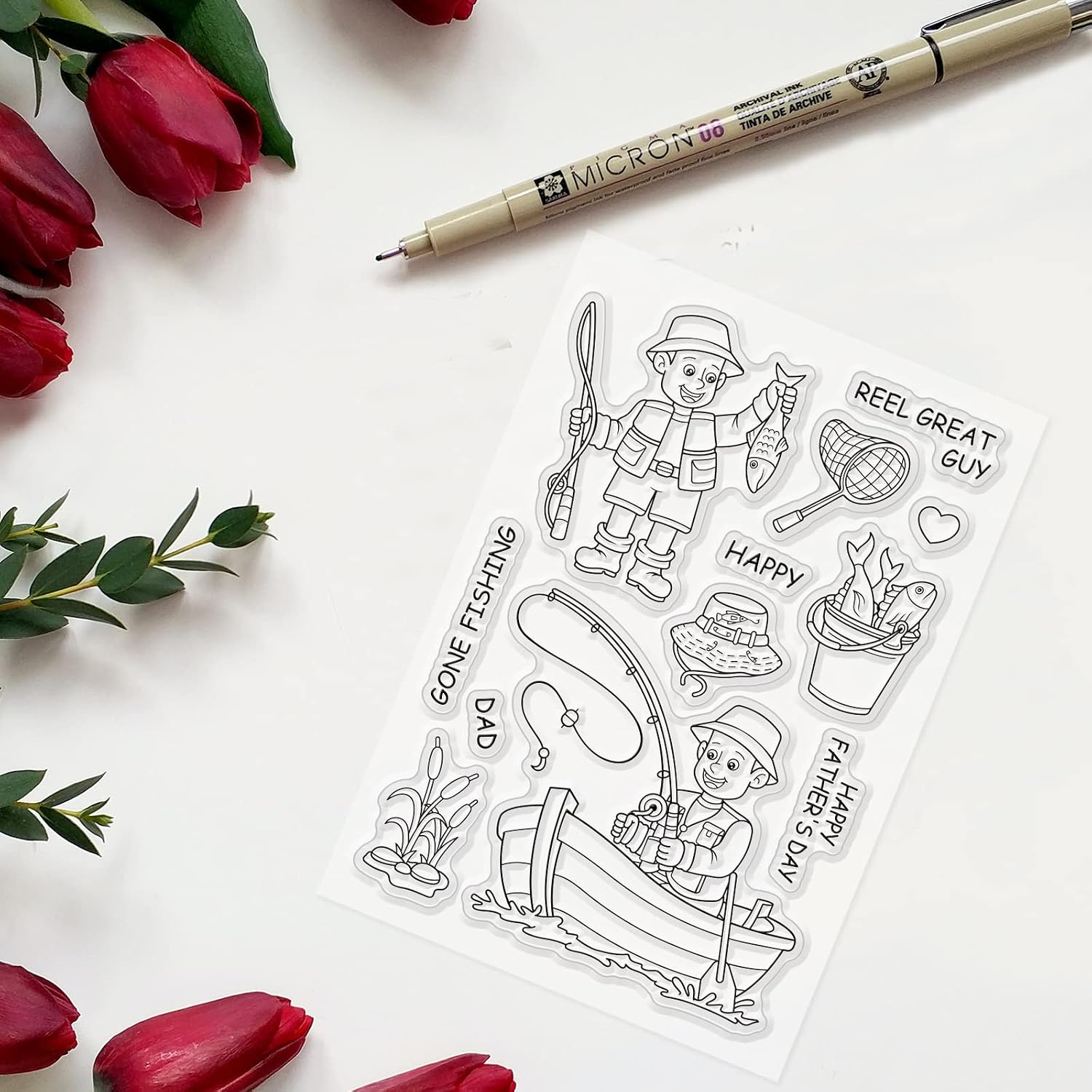 PH PandaHall Fishing Pattern Clear Stamps, Hat/Boat/Fish/Men/Flower/Happy Father's Day Transparent Rubber Stamps for Scrapbooking Card Making Decoration Photo Card Album Crafting Supplies