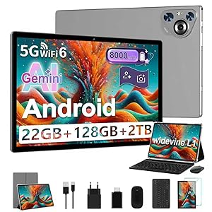 Dghrti Tablet 10 Inch Android, 22GB RAM+128GB ROM (1TB TF), Octa-Core CPU, 8000mAh, Widevine L1, Dual WiFi, BT 5.0, Face ID, 5MP+8MP, with Metal Case, Keyboard and Mouse-Grey