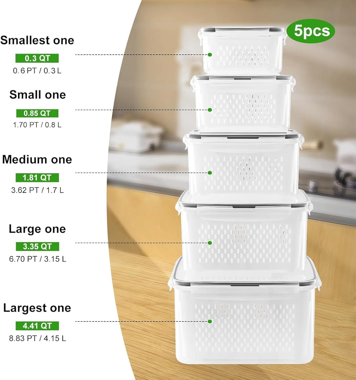 5 recipientes de almacenamiento de frutas para refrigerador con colador extraíble y juego de picador, recipientes de almacenamiento de alimentos a prueba de fugas con tapas, aptos para lavavajillas y