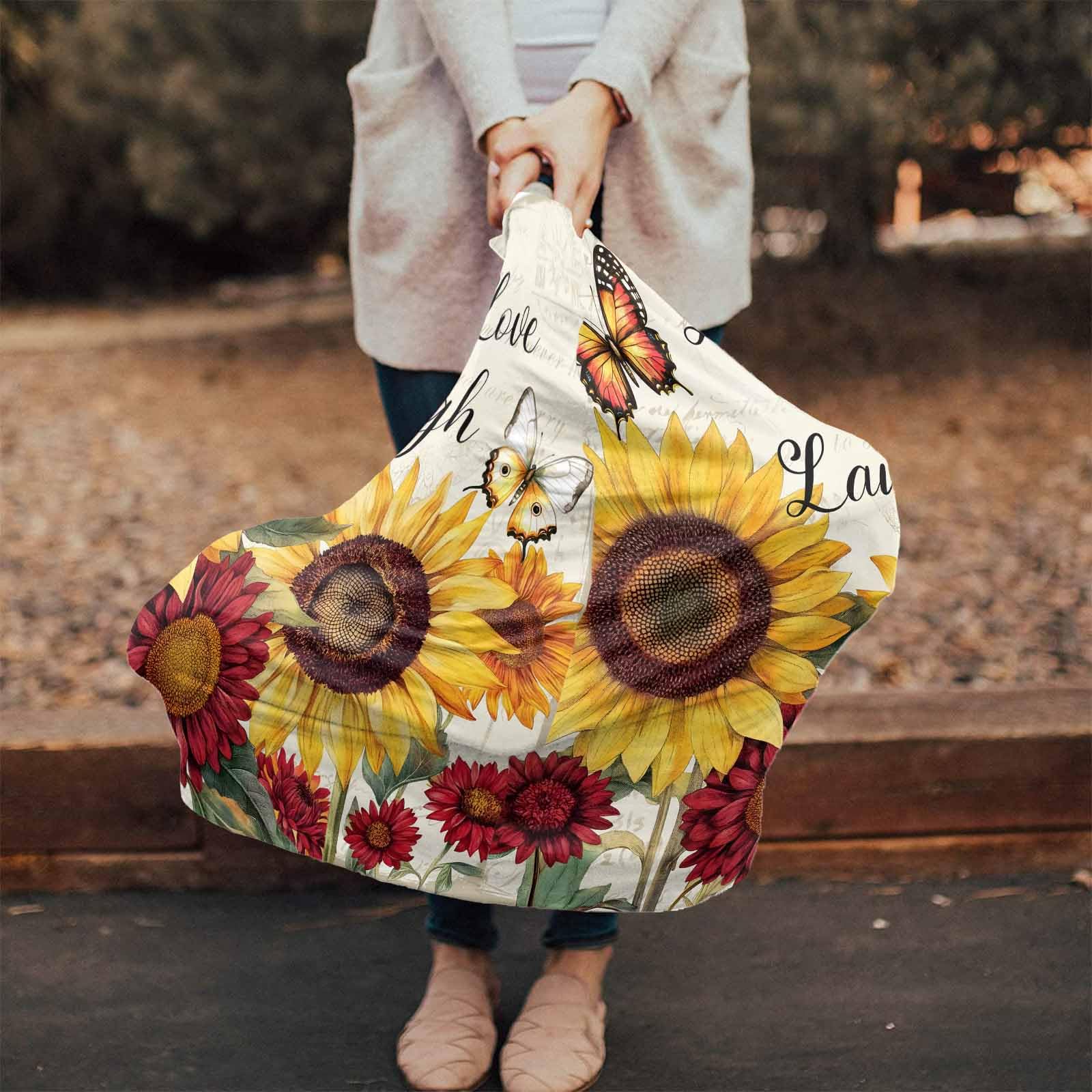 Yellow Red Country Floral Nursing Cover for Breastfeeding Scarf, Vintage Sunflowers Baby Car Covers Super Soft Multi Use for Canopy Shopping Cart Cover Blanket Stroller Cover