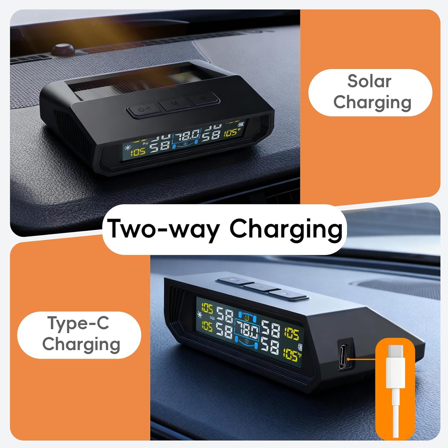 6-Wheel Tire Pressure Monitoring System TPMS – Solar Charge Tire Pressure Monitor with 6 Sensors & 6 Alarm Modes, 0-144 PSI, Real-time Wireless TPMS for RV SUV Dually Truck w/ Extra 6 Tire Valve Caps