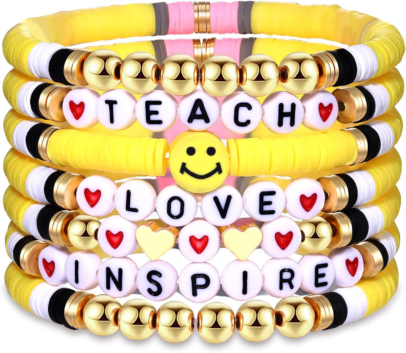 NVENF Teacher Bracelets Clay Heishi Beaded Bracelets for Women Stackable Teach Love Inspire Stretch Bracelets Colorful Bracelets Teacher Appreciation Gifts