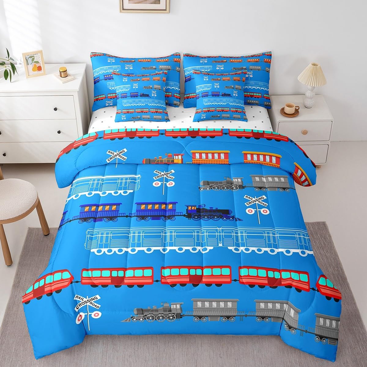Feelyou Cartoon Car Comforter Set with Sheets 7 Piece Queen Size for Kids Boys Girls Vintage Car Bed in a Bag Train Bedding Set Bedroom Decor Retro Steam Train Blue Light Sign Bed Set