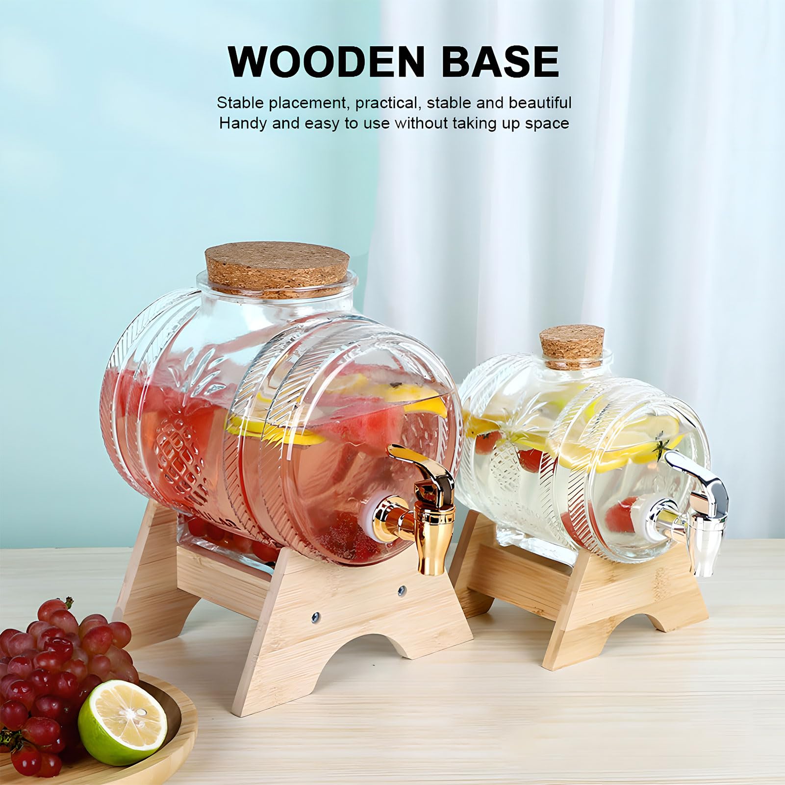 Dispensador de bebidas de vidrio con tapa de corcho de madera y soporte de bambú, grifo ABS para jugo, agua, té y bebidas, capacidad de 5 litros, perfecto para fiestas y eventos