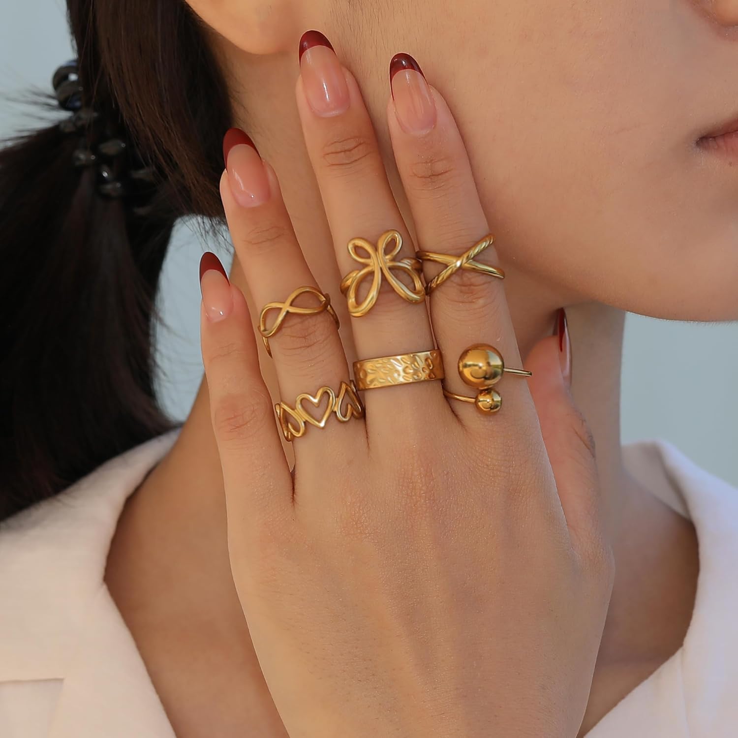 Wellike 6 Pcs Gold Stackable Rings For Women Adjustable Gold Rings Set Chunky Stacking Knuckle Rings 18k Gold Plated Non Tarnish Dainty Butterfly Heart Stainless Steel Thumb Ring Jewelry - Image 6