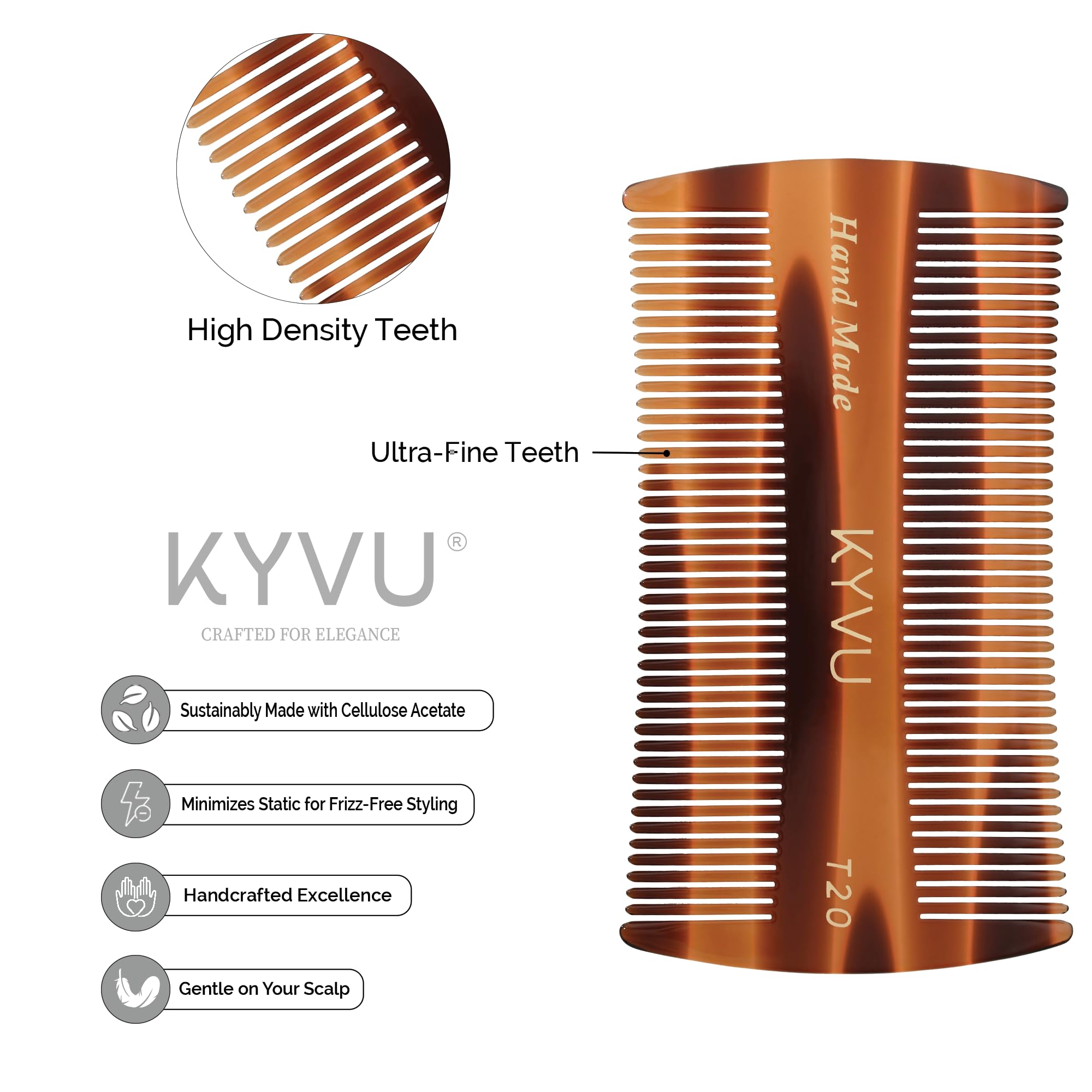 KYVU T20 Fine-Tooth Comb - Handmade Micro-Tooth Comb for Scalp Hair & Beard - 9.4 cm - Cellulose Acetate, Tortoiseshell Finish - Image 2
