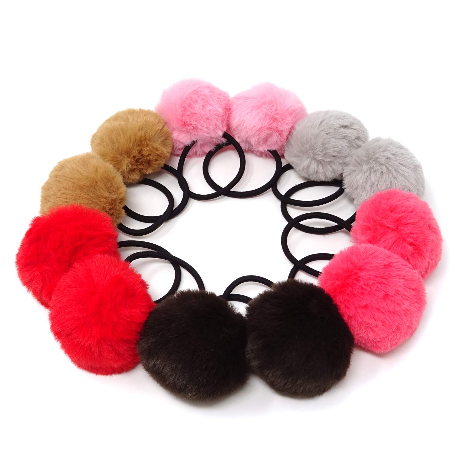 HonbayHair Ties, 12PCS Korean Cute Pom Pom Ball Elastic Hair Ties PomPom Hair Bands Seamless Hair Ropes Ponytail Holders, 5.5cm/2.17inch in Diameter, 6 (B, 2pcs per color)