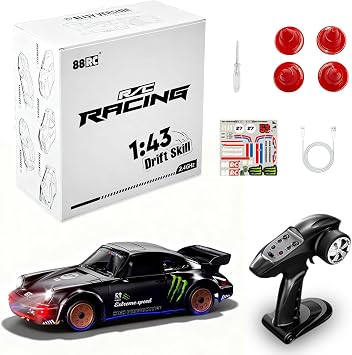 143 Scale Mini RC Drift Car, 2.4GHz 4WD 911 Desktop RC Drift Car with Gyro, Interchangeable Tires, LED Lights, Full Proportional ControlRacing Sport Toy for Adults Teens Black