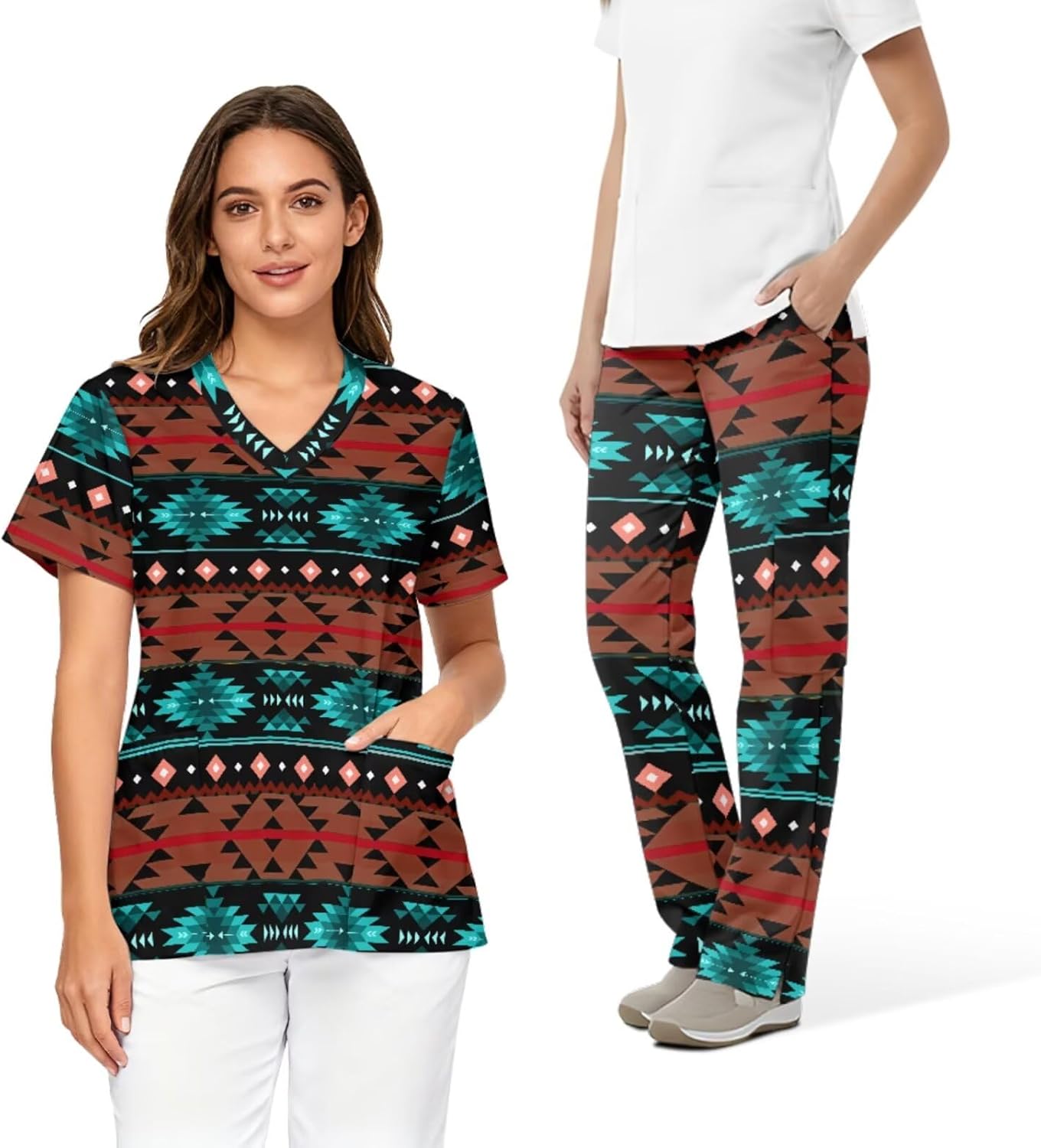 Printed Scrubs Set for Women Stretch V-Neck Scrub Tops with Pants, Pocket Medical Uniform for Nurse Doctor Work