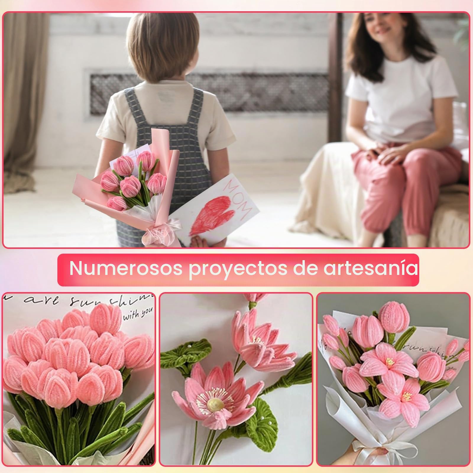 NICKLIN Limpia Pipas para Manualidades,240 Unidades Limpiapipas Chenilla Limpia Pipas Multicolor Tulipanes para Limpiapipas Bricolaje y Decoración(Rosa)