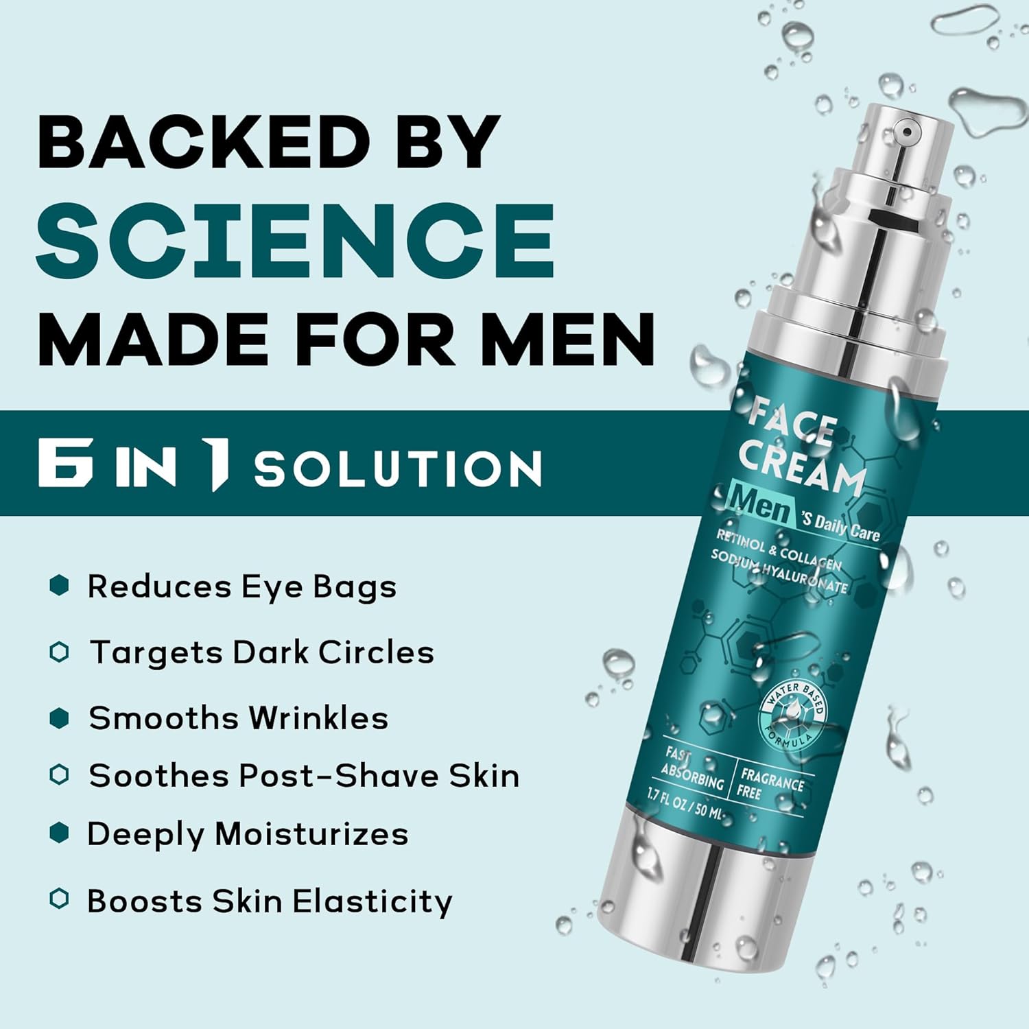 6-in-1 Face Cream for Men: Hydrating Water Based Men Face Moisturizer with Retinol, Collagen, Sodium Hyaluronate - Mens Anti Aging Face Cream for Day and Night Use - Image 2
