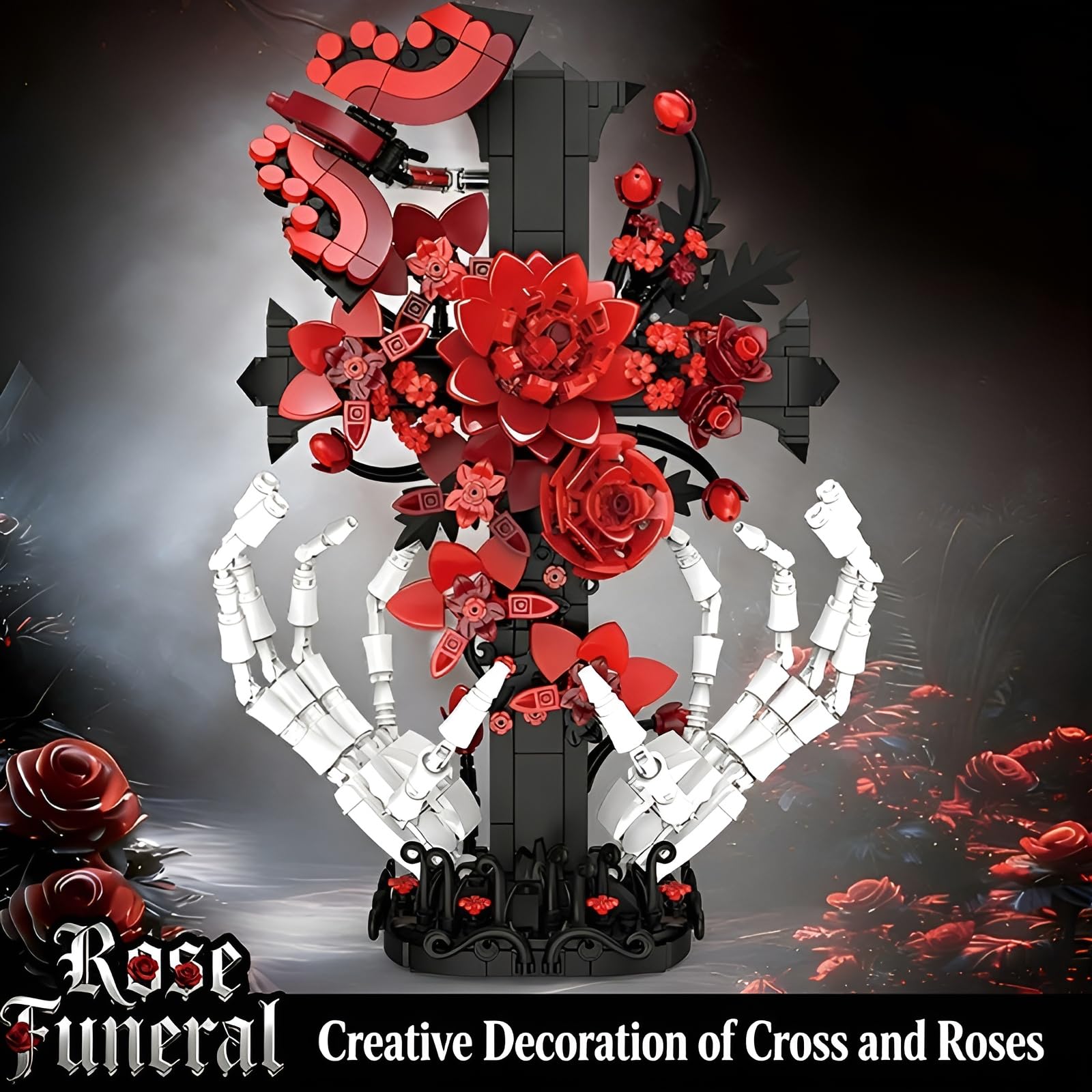 Cráneo de cruz gótica manos con rosas bloques de construcción, 901 piezas Cruz flor kit de construcción para adultos, colección botánica modelo de juguete, regalos únicos estilo romántico oscuro