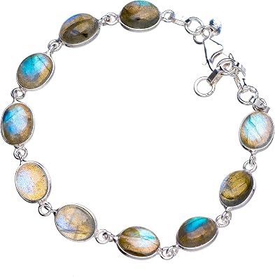 StarGems Natural Blue Fire Labradorite Handmade Unique 925 Sterling Silver Bracelet 7-8" B4359