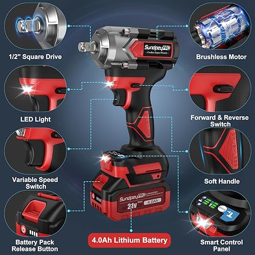 Miniatura 7 de Llave de impacto inalámbrica de 750 pies-libras, pistola de impacto de potencia de 1000 Nm, 12 pulgada, 21 V, 2600 RPM, llave de impacto eléctrica