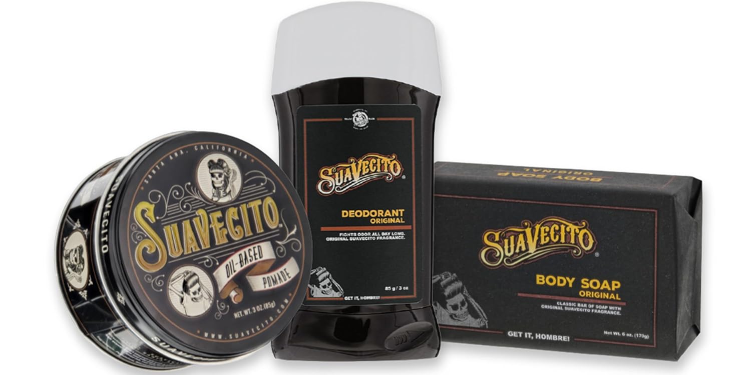 Suavecito Pomade Signature Scent Essentials Bundle: Hair Styling Pomade, Aluminum Free Deodorant, Moisturizing Body Soap