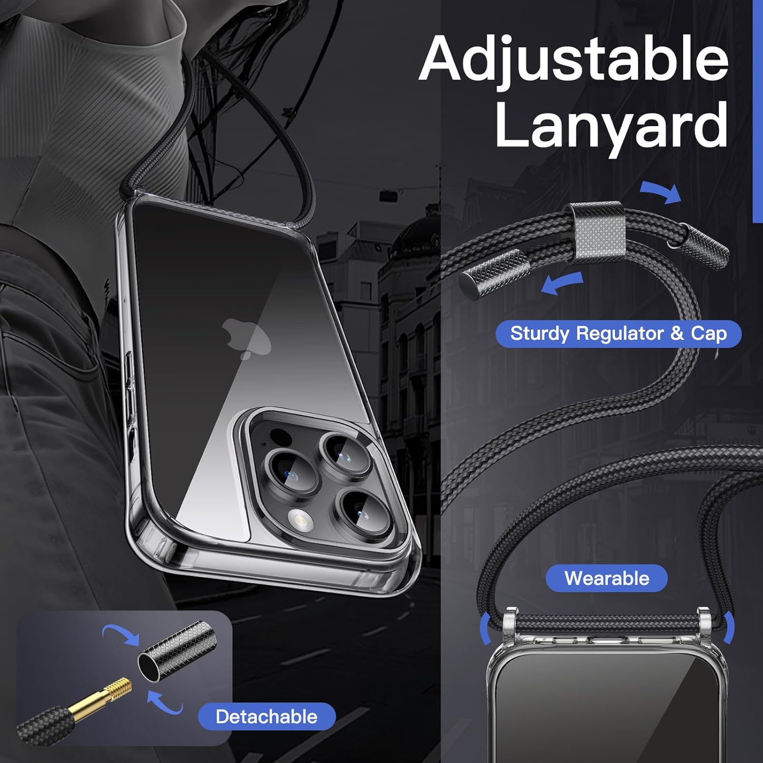 JETech Crossbody Case for iPhone 14 Pro 6.1-Inch with Adjustable Lanyard Strap, Clear Transparent Anti-Yellowing Shockproof Protective Phone Cover with Neck Cord (Space Black) - Image 3