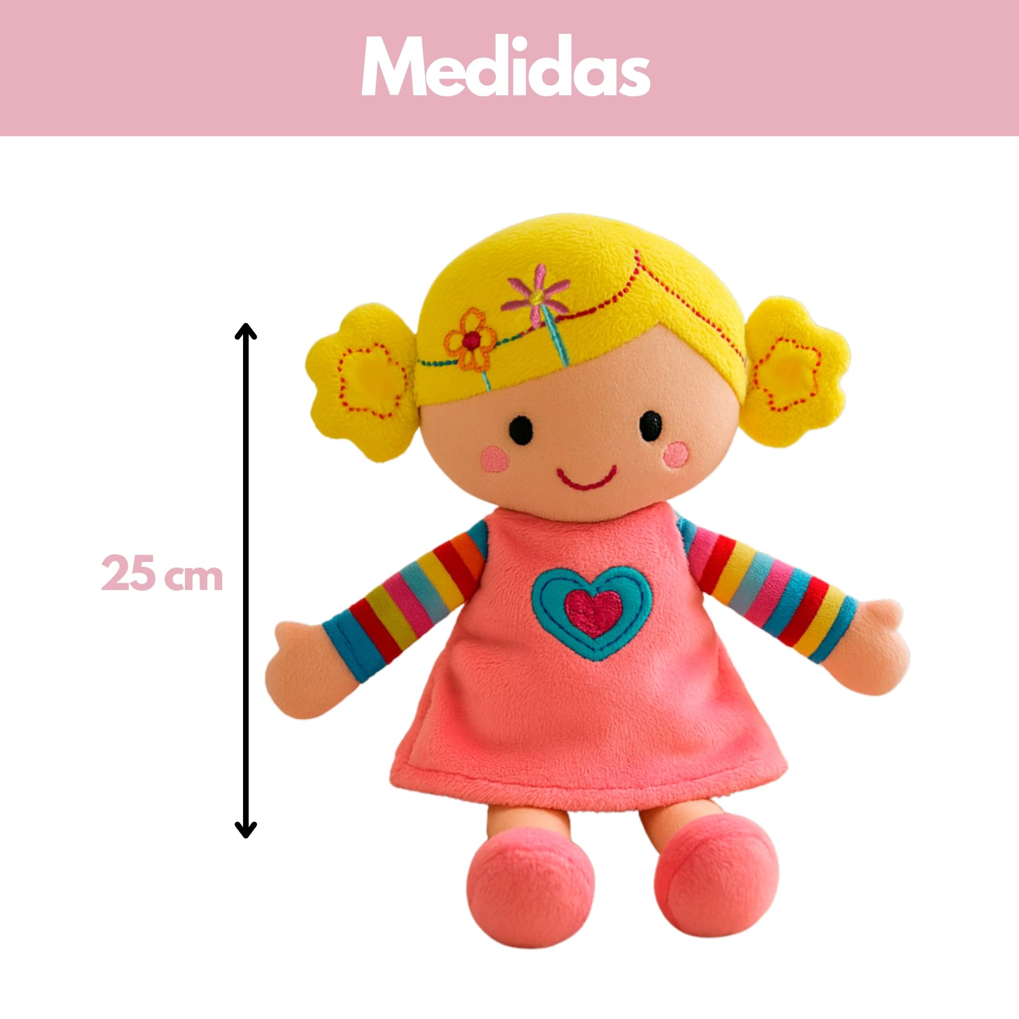 Peluchilandia Muñeca de Trapo Personalizada - Regalo Bebe 1 año - Muñecas para niñas 2 años y más - Tacto Muy Suave 25cm Personalizadas con su Nombre para un Detalle Especial