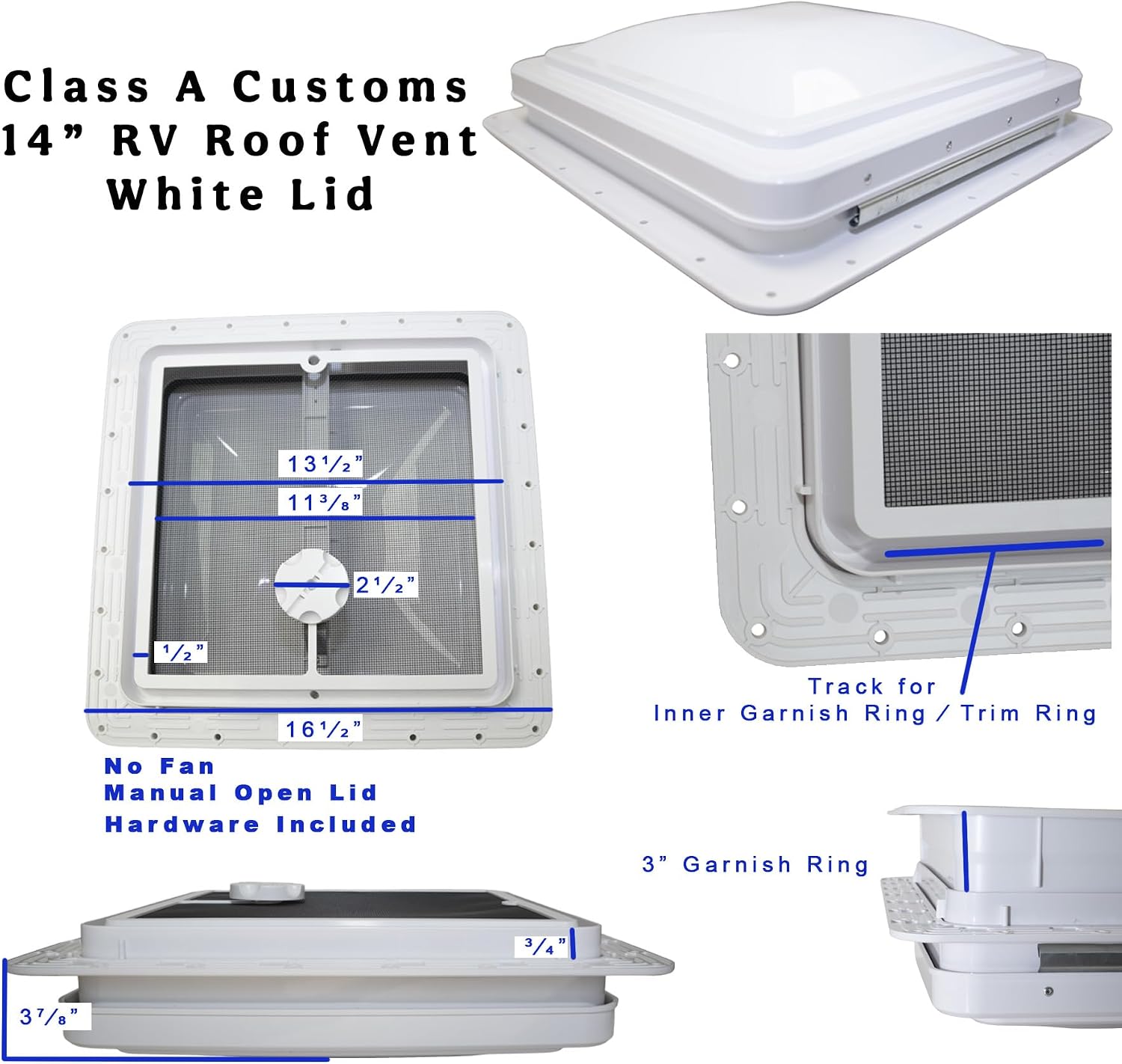 classAcustoms 81111-3GPS | 14" RV Roof Vent | 3" Garnish Ring | Non Powered | White Lid | Manual Crank | for RV's | Cargo Trailer | Camper and Motorhome (3" Garnish, Butyl Tape/Screws)