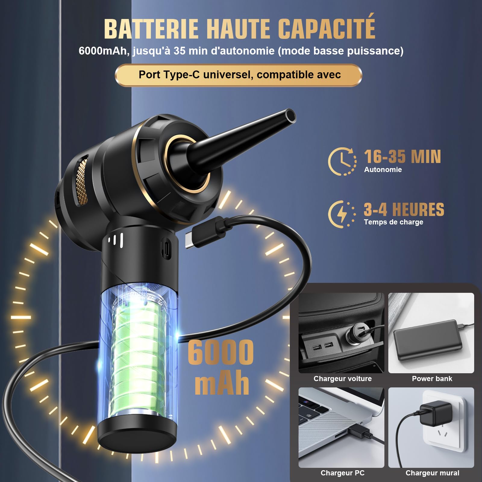 Aspirateur à Main sans Fil 4 en 1, Puissant, 28000 PA, 3 Vitesses 240 000 TR/Min, Aspirateur pour Voiture, Cuisine, PC, canapé, Bureau, Maison et Nettoyage des Poils d'animaux (Jaune doré)
