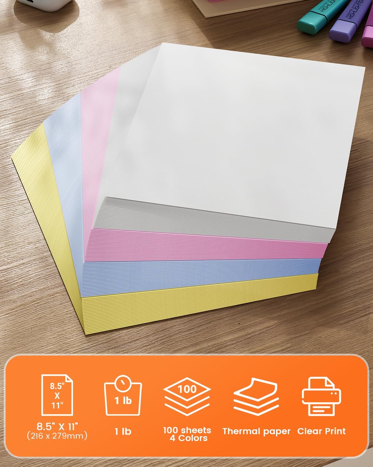 Phomemo 100 Sheets 4-Color Assortment Thermal Paper 8.5 x 11 Inch & Upgraded M832D Thermal Inkless Portable Printer with a Case