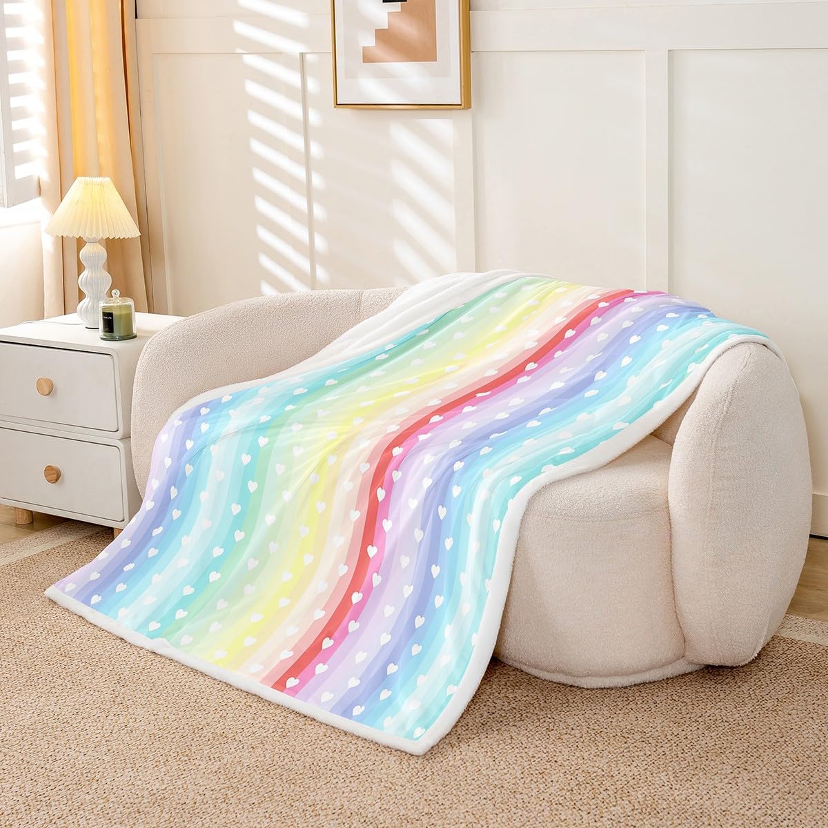 Cute Hearts Kids Flannel Blanket,Kawaii Rainbow Gradient Lines Print Fuzzy Blanket for Children,Romantic Love Geometric Stripes Polyester Throw Blanket for Couch, Twin Size (60 x 80 Inch)